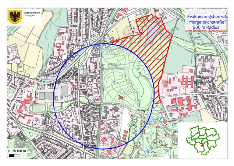 Auf der Karte ist der Radius der Bombenentschärfung an der Mergelteichstraße in Dortmund zu sehen.