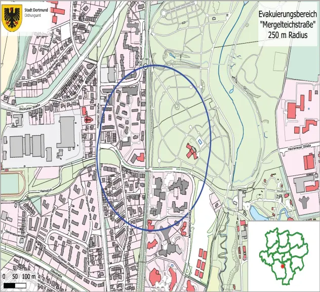 Eine Karte mit dem 250-Meter-Radius zur Evakuierung am 11. August 2024 aufgrund eines Blindgängers.