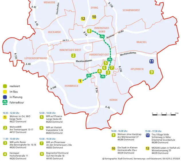 Eine Karte von Dortmund. Es sind die Wohnprojekte eingezeichnet, die beim Tag der offenen Wohnprojekte mitmachen.