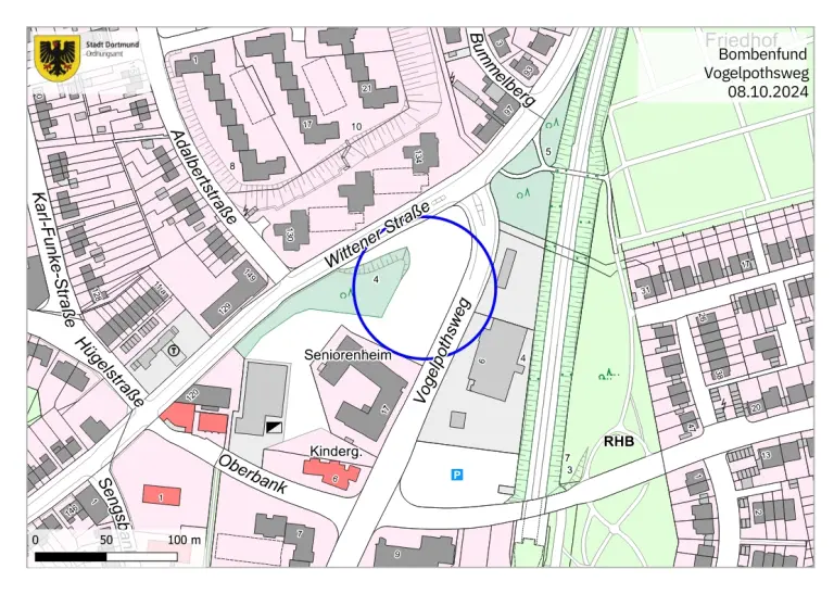 Kartenausschnitt des Bombenfund am Vogelpothsweg in Dortmund.