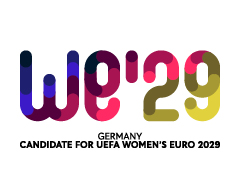 Ein Logo mit dem Schriftzug "we 29" und "Germany, Candidate for uefa women's euro 2029"
