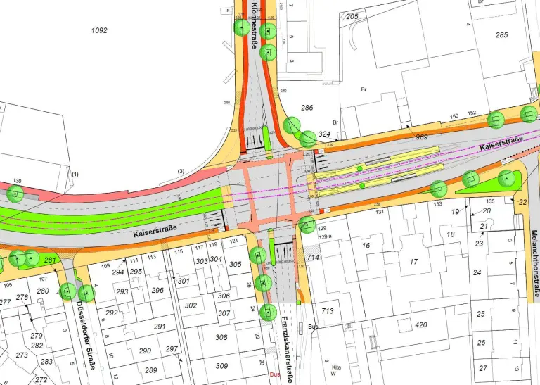 Planzeichnung der Neuplanung Hellweg-Achse auf Höhe der Haltestelle Funkenburg