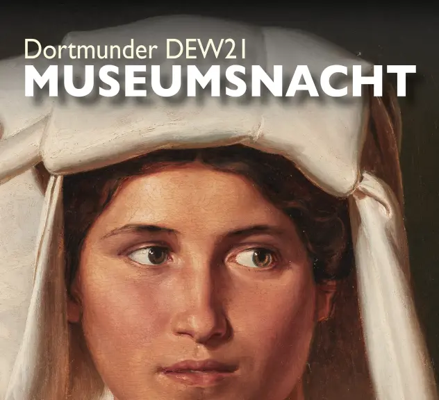 Zu sehen ist das Titelmotiv der Veranstaltung 24. Dortmunder DEW21-Museumsnacht, das "Bildnis einer Italienerin" des Malers Theobald von Oer. Eine Frau in historischen Gewändern ist im Profil zu sehen. Sie blickt rechts am Betrachter vorbei. Über dem Motiv stehen der Titel und das Datum der Veranstaltung.