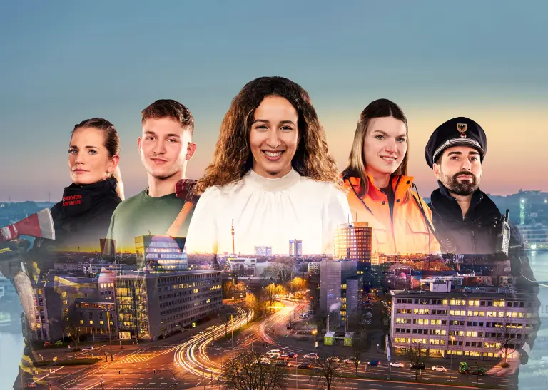 Eine Collage der Dortmunder Skyline und fünf Menschen, die optisch verschiedene Berufsbilder repräsentieren: Feuerwehr, Handwerk, Büro, Ordnungsdienst und Polizei.