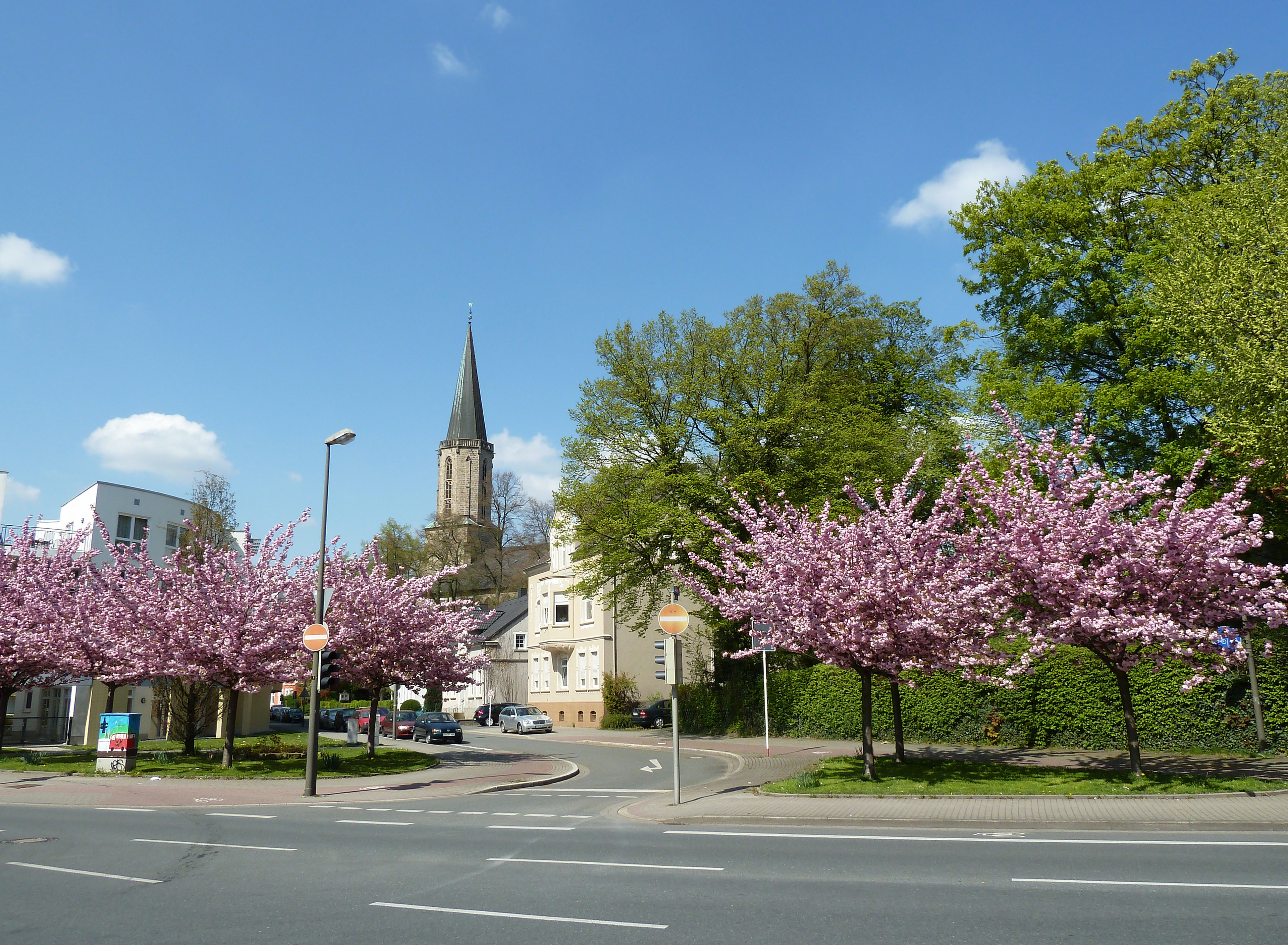 Blick auf die Stadtmitte Aplerbecks mit Kirschblüten im Vordergrund
