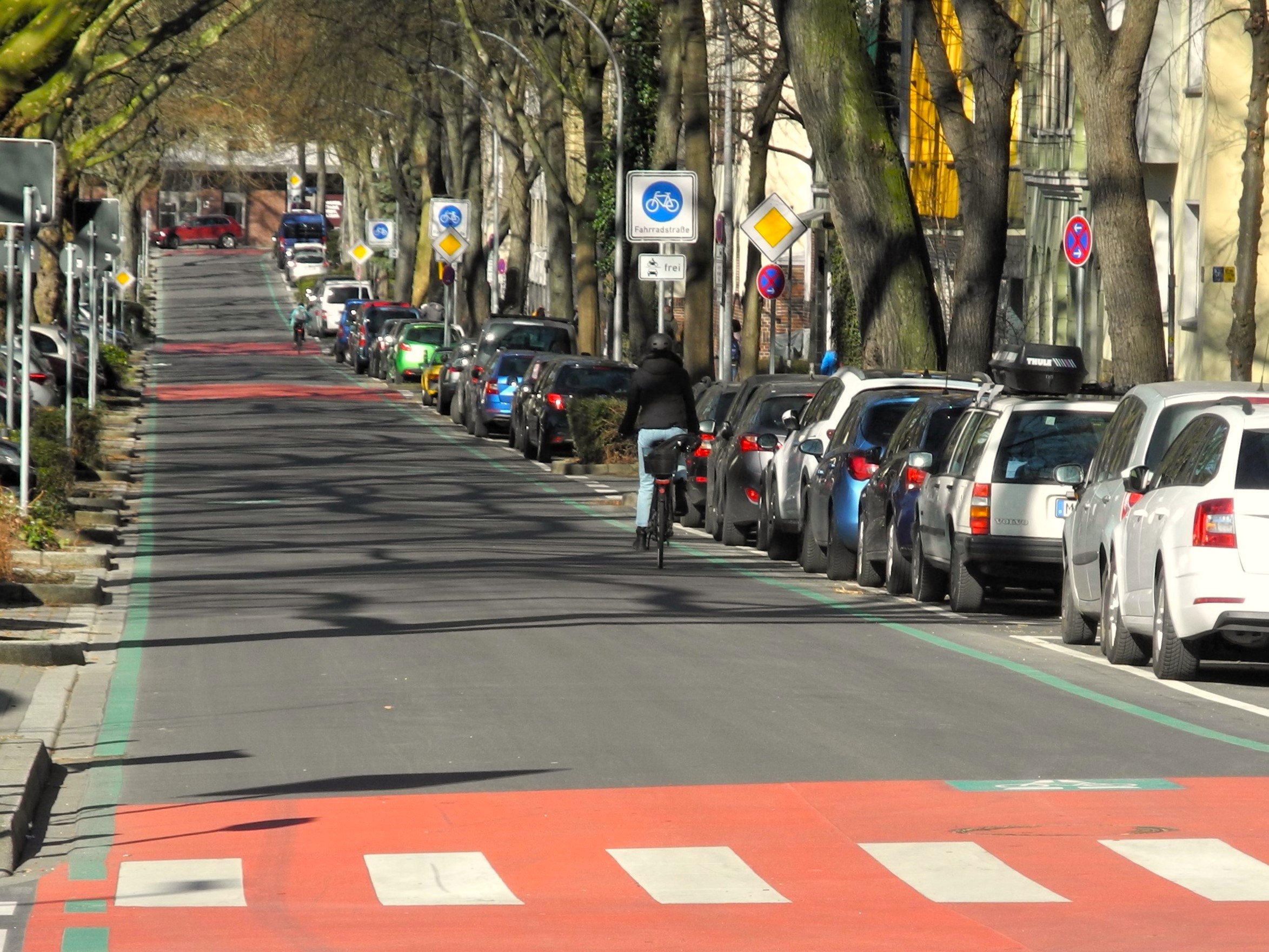Straßenszene in einer urbanen Umgebung mit einem zentralen Fahrradfahrer, der auf einer als Fahrradstraße gekennzeichneten Fahrbahn fährt. Links und rechts der Straße sind Autos parallel geparkt. Der Asphalt ist durch grüne Linien und rot markierte Bereiche strukturiert. Bäume säumen beide Seiten der Straße, und Verkehrsschilder weisen auf die Fahrradstraße sowie Park- und Halteverbote hin. Im Hintergrund ist eine weitere Person auf einem Fahrrad zu sehen. Es ist tagsüber und die Sonne scheint.