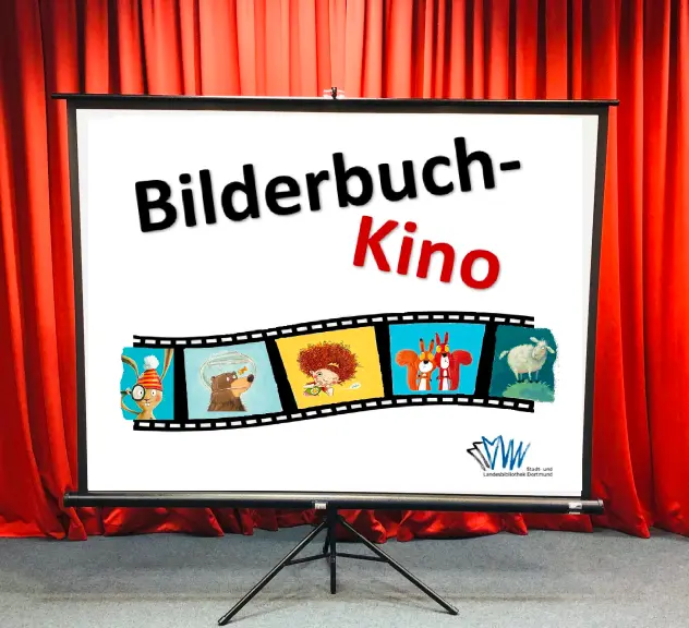 Collage: Eine Leinwand vor einem Kinovorhang. Schriftzug Bilderbuchkino.