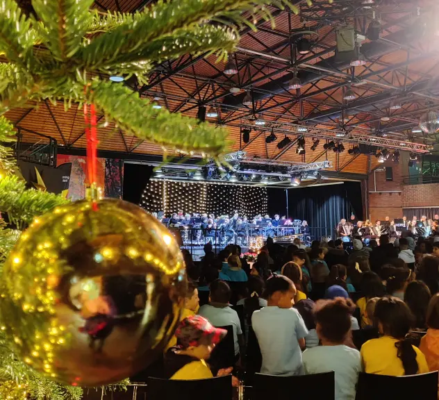 Ein Foto vom Konzert. Im Hintergrund sieht man das Orchester. In der Mitte die Zuschauer und in der Front eine goldene Christbaumkugel.